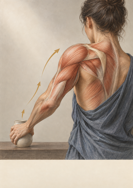 Anatomy illustration of a clothed adult figure reaching for a ceramic vessel, with exposed shoulder and back musculature and three arrows.
