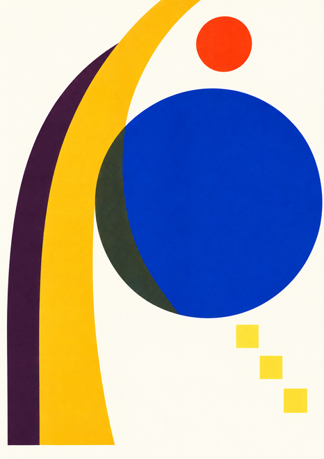 Ultramarine circle with a sweeping yellow arch, dark bands, red disc and three yellow squares on warm white.