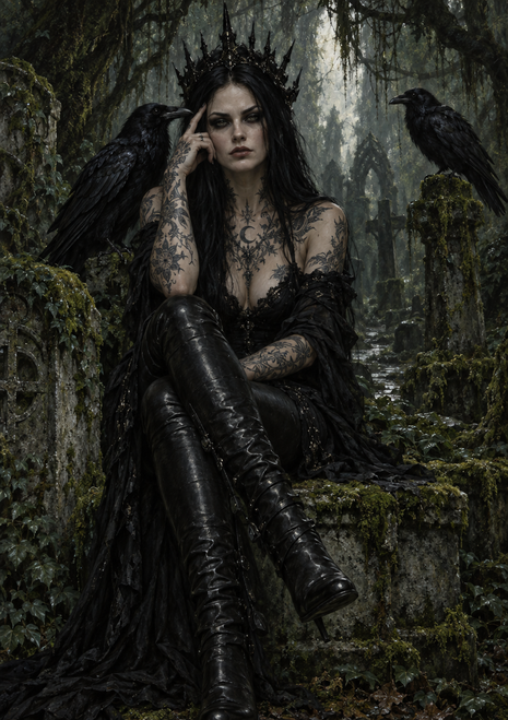 Black-haired crowned woman with tattoos sits among moss-covered ruins between two ravens.