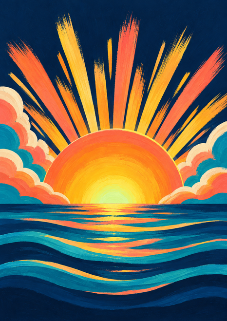Painterly poster of a glowing semicircular sun rising over layered dark blue waves, with clouds and long coral, orange, gold, and turquoise rays.
