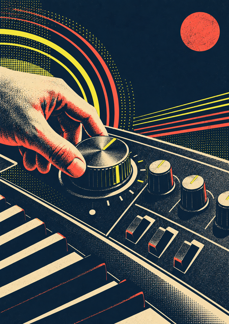 A hand turns a large synthesizer knob on an angled panel surrounded by smaller controls, keyboard keys and abstract graphic bands.