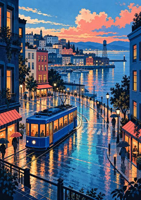 Blue tram on a wet curving street beside a waterfront, with umbrellas, boats, a water tower and illuminated buildings.