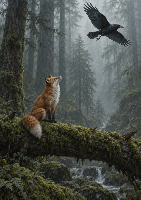 A red fox sits on a moss-covered fallen tree while a dark raven flies above in a misty forest.