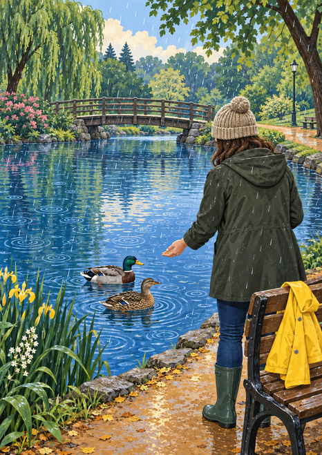 Two mallards and a visitor beside a rainy park pond, with a yellow raincoat on a bench, rippling water, trees, and a footbridge.