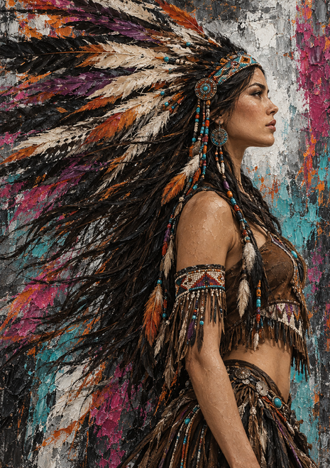Profile portrait of a woman wearing a beaded headpiece and feathered adornment, with long feathers sweeping across a textured charcoal, rust and turquoise background.