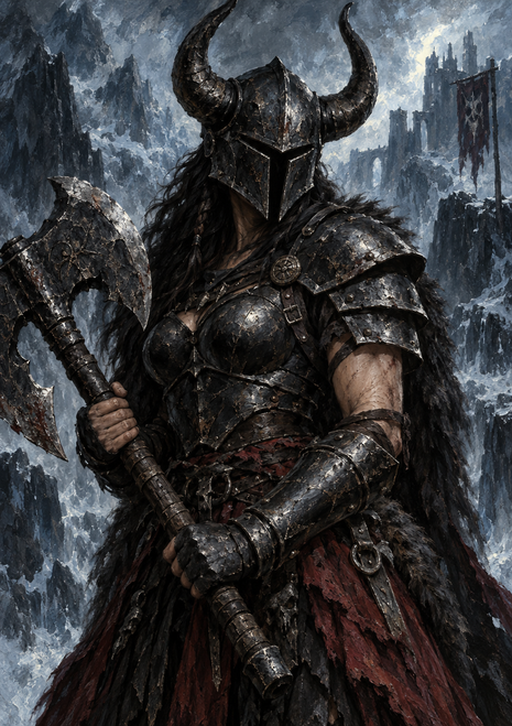 Armored woman in a closed horned helmet holding a large battle axe before ruined towers and jagged mountains.