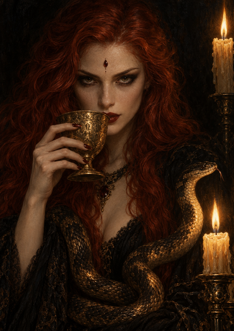 Red-haired woman in dark lace holding a gold-toned goblet, with a large snake and two lit candles beside her.