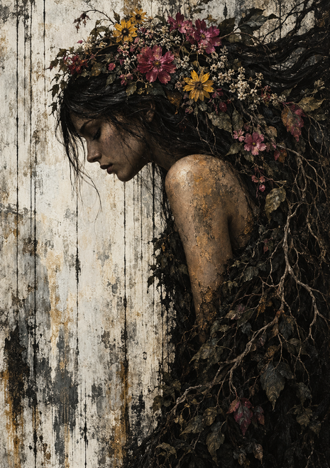 Woman in profile partly concealed by dark foliage, with flowers in her hair against a pale distressed wall.