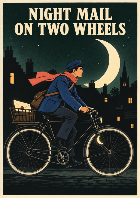 Vintage-style poster reading “NIGHT MAIL / ON TWO WHEELS,” showing a bicycle courier with a letter basket riding through a moonlit town.