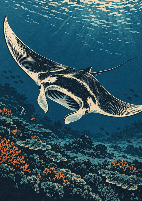 A cream-colored manta ray glides above a coral reef among small fish in deep indigo and teal water.