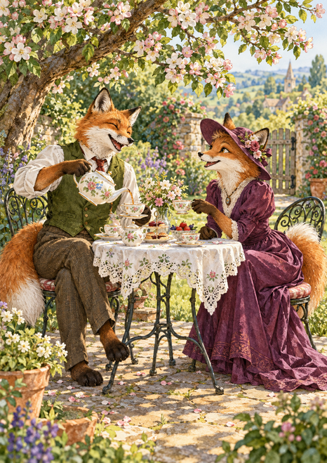 Two dressed foxes share tea at a lace-covered table with floral china beneath flowering branches in a garden.