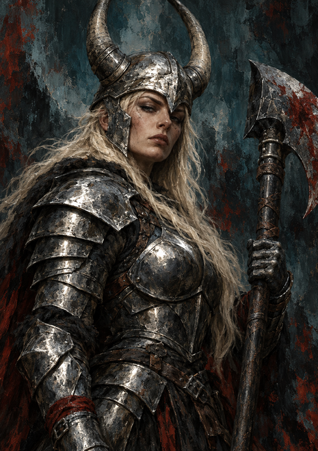 Blonde woman in weathered armor and a horned helmet holding a large double-headed axe against a dark background.