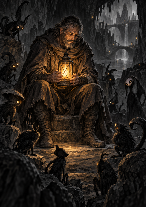 Hooded adult holding an amber-lit lantern on stone steps, surrounded by glowing-eyed shadow-creatures in a dark cavern.