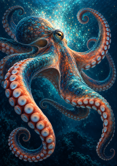 A large octopus with a visible eye and curling sucker-lined arms swims through dark water before a glowing cloud of plankton-like specks.