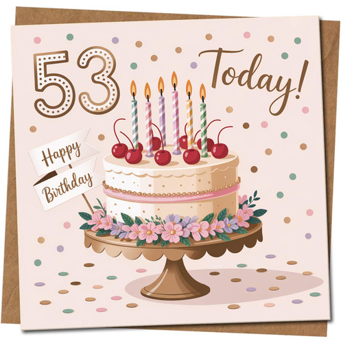 53rd Birthday Card - 53 Today Cake, 145mm x 145mm Square, Includes Kraft Envelope