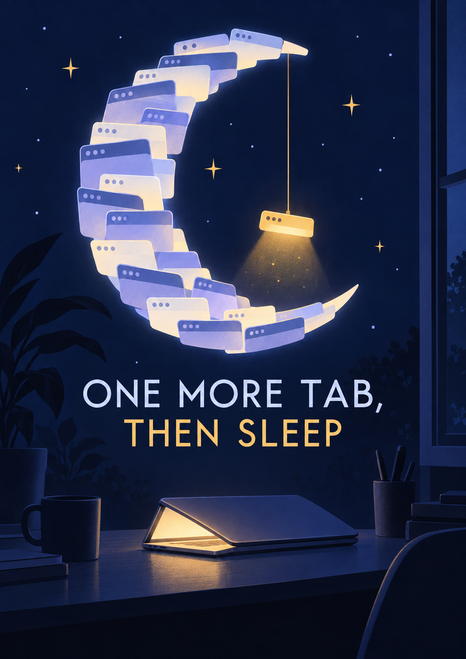 Poster reading “ONE MORE TAB, THEN SLEEP” beneath a crescent of browser tabs, with a glowing tab-lamp and laptop.