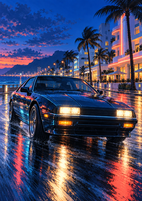 A dark blue coupe sits on a wet coastal boulevard at twilight, with bright headlights, reflective pavement, palms, and illuminated hotels.
