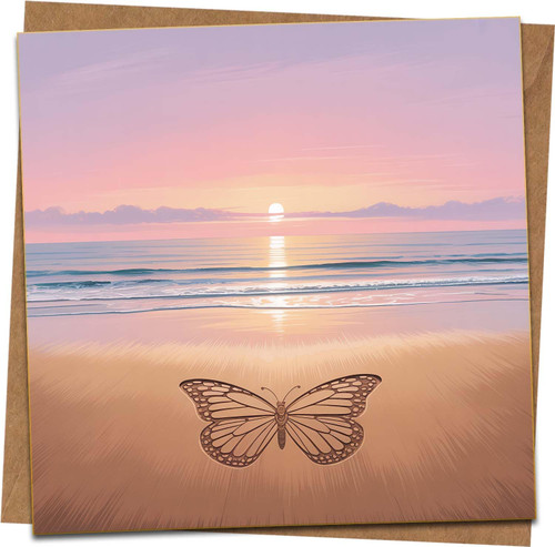 Sunset Beach Butterfly Greeting Card 145mm x 145mm – Blank Inside – Square Nature Art Card with Kraft Envelope – Birthday, Sympathy, Thinking of You, Thank You