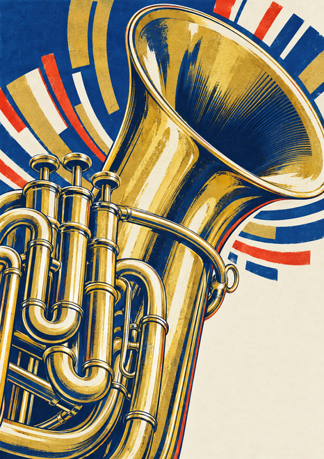Close-up graphic tuba with a broad gold bell, piston valves, and coiled tubing against red, blue, and cream bands.