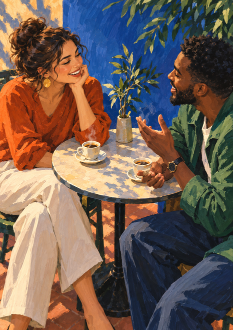 Painterly illustration of two adults smiling and gesturing across a round table with two cups and a potted plant.