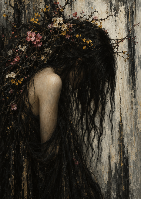 A face-obscured figure with long black hair and a branch-and-flower crown stands against a distressed pale wall.
