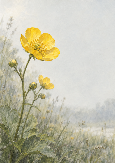 Prominent yellow open flower with smaller blooms and buds on branching stems among meadow foliage, against a pale misty area at upper right.
