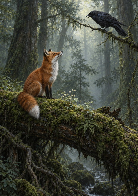 Red fox on a moss-covered fallen tree looking up at a raven on a branch in a misty forest.