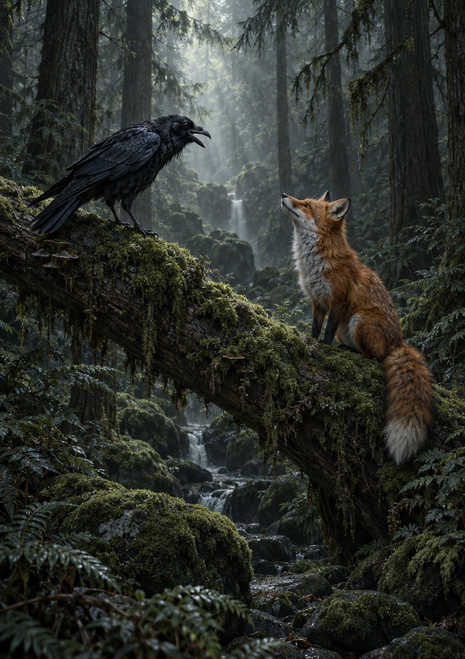 Black raven and russet fox face one another on a moss-covered fallen tree in a misty forest beside a stream.