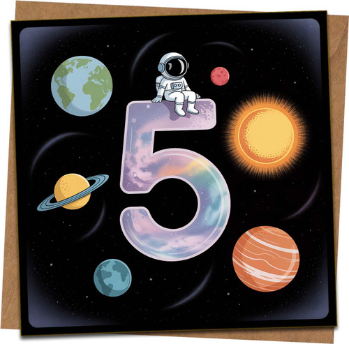 5th Birthday Card Space Astronaut Design, Kids Age 5 Greeting Card, 145mm x 145mm Square Card with Kraft Envelope, Planets Galaxy Theme for Boys or Girls