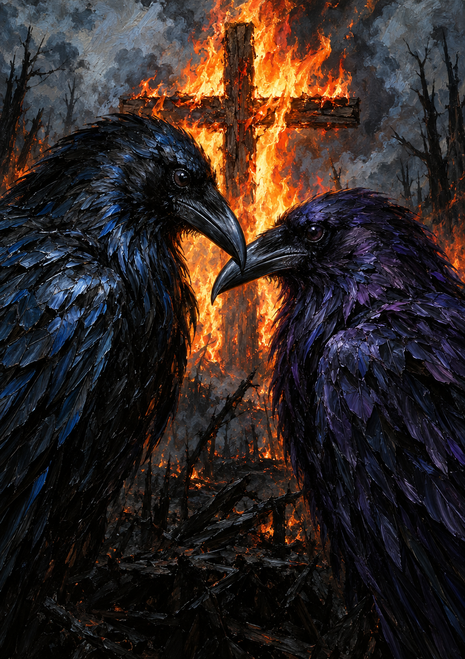 Two black ravens face one another before a burning wooden cross in a smoky woodland.