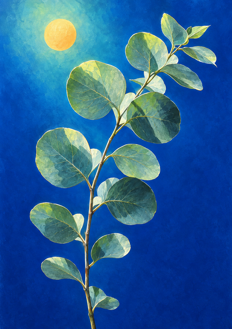 A rounded-leaf blue-green eucalyptus-like branch rises against a cobalt-to-turquoise background, with an amber sun disk in the upper left.