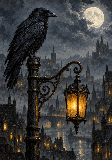 Black raven perched on an ornate street lamp with a glowing lantern, full moon, and gothic city skyline behind it.