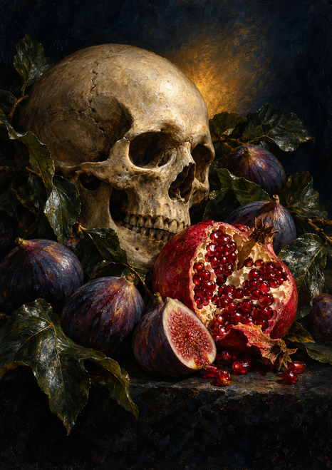 An ivory human skull sits among purple figs, dark leaves and an opened pomegranate with glistening ruby seeds.