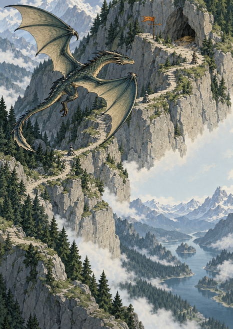 Winged wyvern-like creature flying beside a steep mountain cliff and switchback trail, with forest, mist and an orange wind vane.