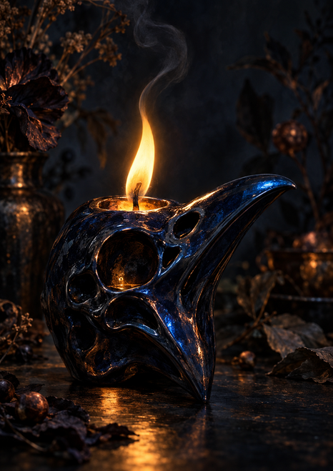 Glossy blue-black raven-like skull form with an amber flame and curling smoke against dark botanical shadows.