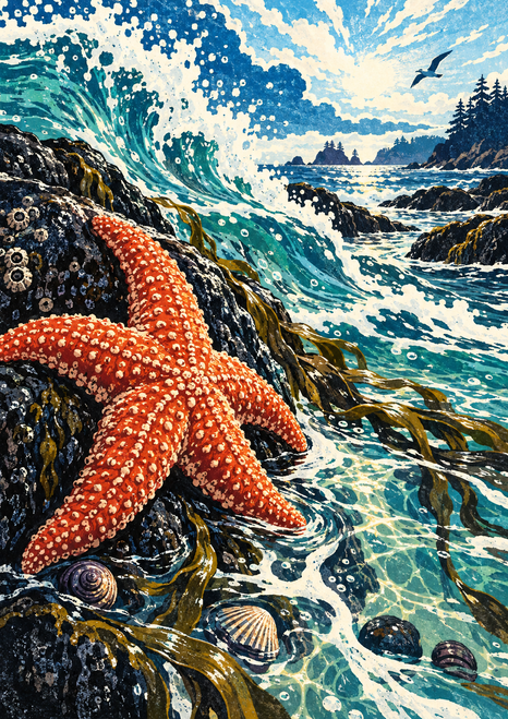 Spotted red-orange sea star on dark coastal rock amid turquoise breaking surf, with kelp, shells, a distant shore, and a flying seabird.