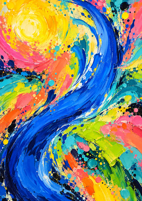 A broad cobalt-blue curve sweeps through bright yellow, coral, pink, turquoise, and green abstract paint textures.