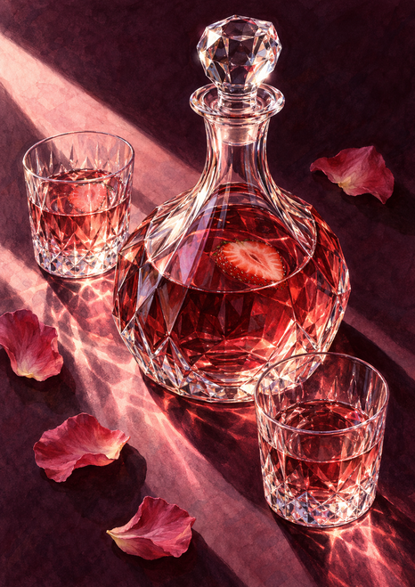 Faceted decanter filled with red-pink liquid and a strawberry slice, two crystal tumblers and rose petals against a dark plum background.