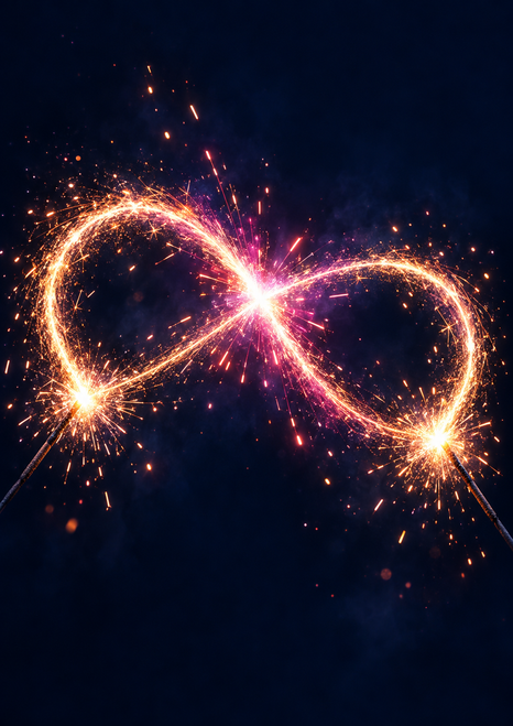 Two sparklers enter from opposite lower corners and form a bright infinity loop with a magenta-white flare.