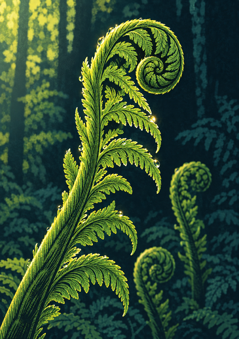 Large bright green curling fern frond with a tight coiled tip and smaller curled fronds against a dark background.