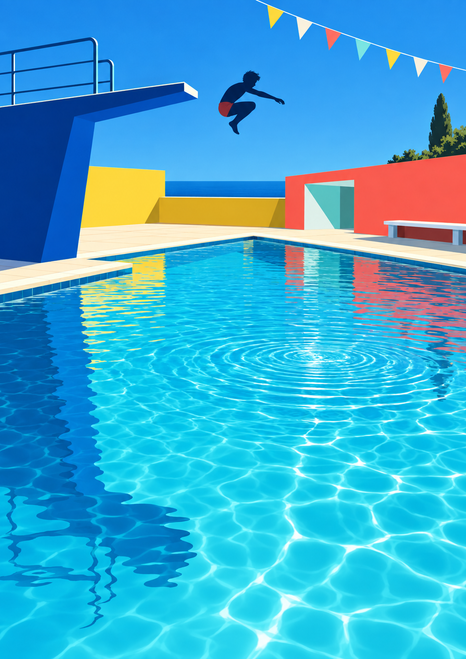 Small silhouetted diver airborne above a turquoise outdoor pool, with a blue platform, colorful geometric buildings and pennants.