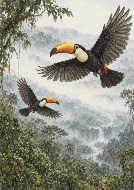 A large toucan and a smaller toucan flying diagonally above a misty green forest canopy.