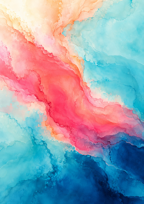 Abstract portrait color field with a diagonal coral-pink and apricot ribbon flowing across pale turquoise and deep ultramarine washes.