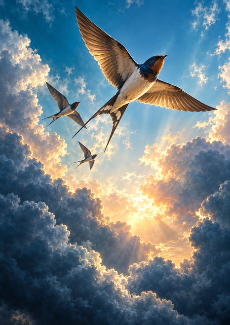 Three swallow-like birds fly upward through blue storm clouds toward a bright peach-gold opening in the sky.