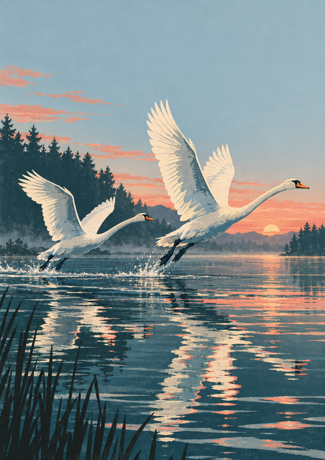 Two ivory swans rise from a reflective lake, with a wooded shoreline and low coral-pink dawn light behind them.