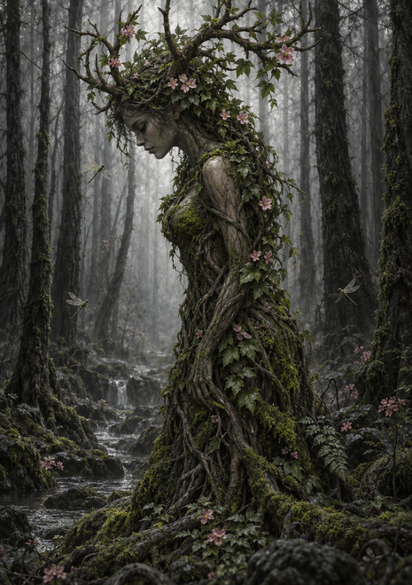 A bowed tree-like figure with exposed roots and a branch crown with pink flowers stands in a misty forest as dragonflies hover nearby.