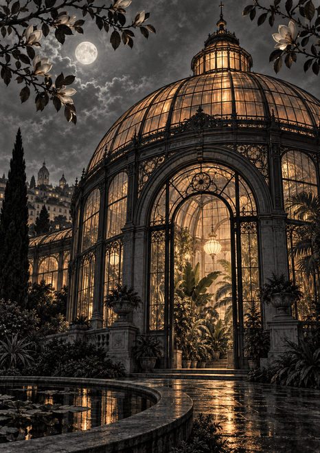 Glowing glass-and-iron conservatory with domed roof, arched entrance, tropical plants, moonlit clouds, and reflective garden.