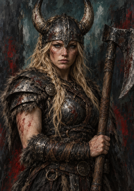 Blonde fantasy warrior in battered dark armor and horned metal headgear holding an upright axe against a dark background.