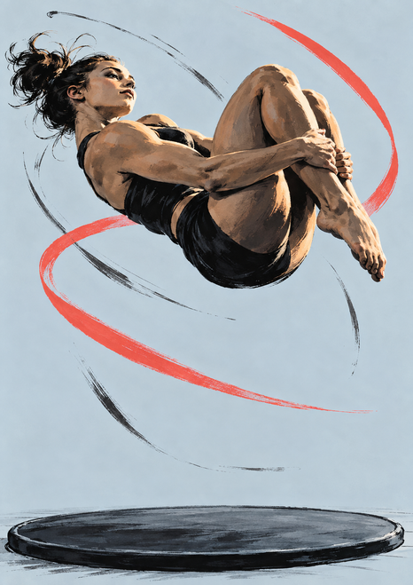 Adult acrobat in a black leotard holding a tucked airborne pose above a dark mat, surrounded by coral and charcoal motion strokes on a pale blue-gray background.