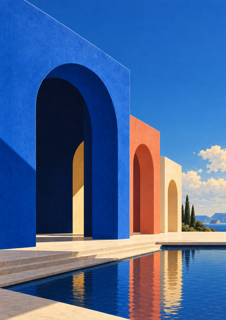 Cobalt foreground arch at a modernist pavilion, with coral and pale-sand arches receding toward the right beside a reflecting pool.